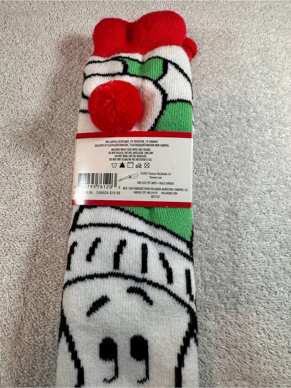 Hallmark Peanuts Snoopy Holiday Socks with Pom & Skid Free Merry on Bottom